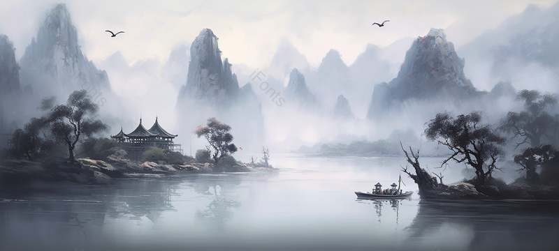 中国水墨山水之中的小船,插画/手绘图,插画/手绘图库,插画/手绘图下载,插画/手绘